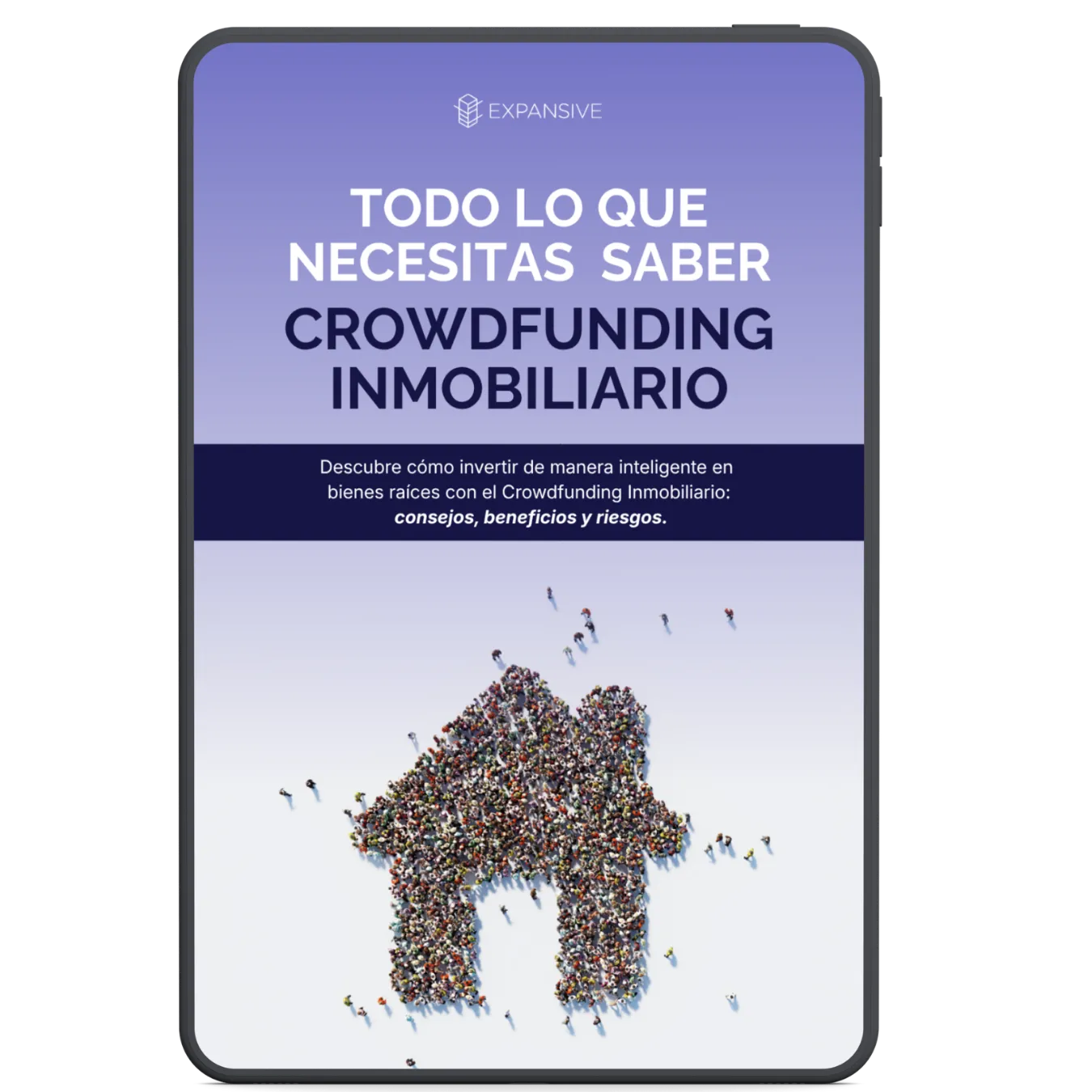 Mockup de tablet mostrando guía de crowdfunding inmobiliario